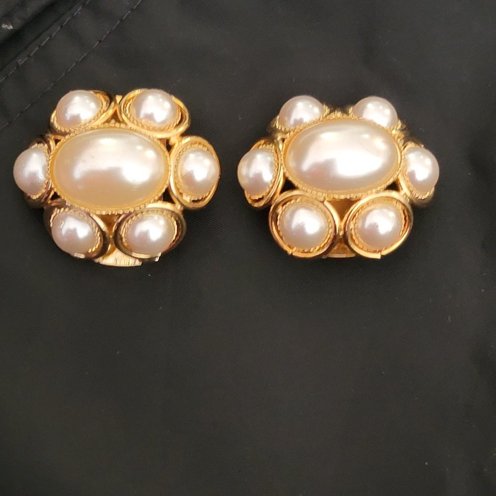 Bluette Made in France Gold Tone Pearl Clip On Earrings Statement Jewelry Signed
